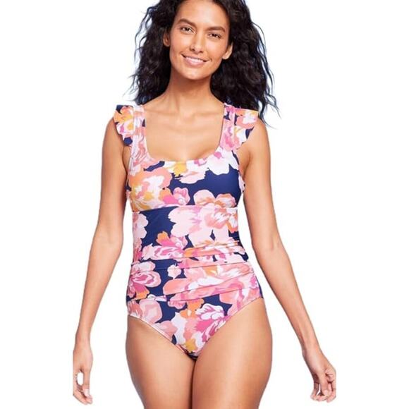 NWT Kona Sol Pink Floral Full Coverage Ruffle Sleeve One Piece Swimsuit Sz L - Picture 1 of 6